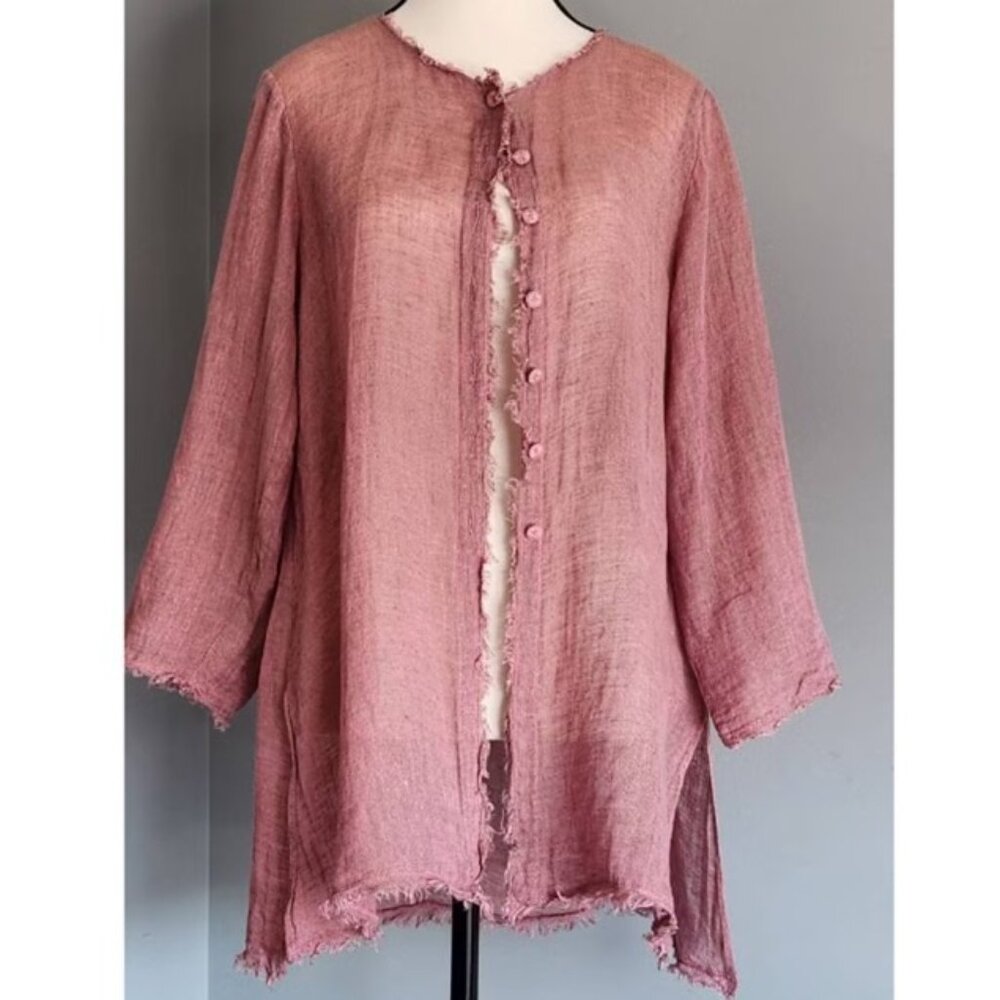 Eileen Fisher Frayed Linen Blend Blush Button up Cardigan Size US S